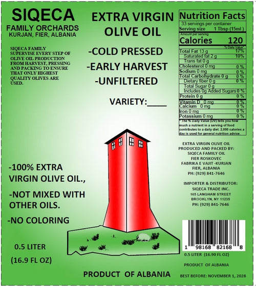 1 Glass Bottle of 500ml  100% Natural Extra Virgin Olive Oil, 2025 New Harvest